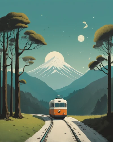 travel poster,travel trailer poster,train ride,long-distance train,train,tramway,campervan,eurobahn,tram,train route,train way,wooden train,early train,japan landscape,international trains,electric train,vector illustration,trains,camper van isolated,journey,Illustration,Japanese style,Japanese Style 08