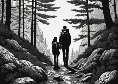 hikers,forest walk,couple silhouette,vintage couple silhouette,travelers,forest workers,the woods,hiker,hiking,in the forest,the descent to the lake,pilgrims,two people,young couple,girl and boy outdoor,forest road,the forest,sci fiction illustration,silhouette art,ink painting,Illustration,Black and White,Black and White 09