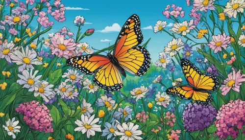 butterfly background,butterfly floral,butterflies,chasing butterflies,moths and butterflies,rainbow butterflies,butterflay,julia butterfly,monarch butterfly,butterfly day,springtime background,flower painting,butterfly pattern,butterfly,ulysses butterfly,blue butterflies,butterfly green,spring background,butterfly clip art,wildflower meadow,Illustration,American Style,American Style 03