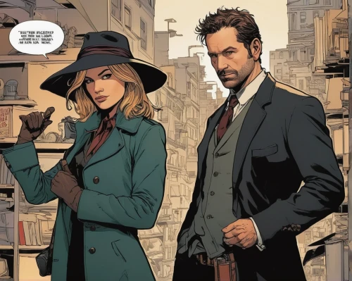 mobster couple,detective,frock coat,spy visual,sherlock holmes,overcoat,spy,spy-glass,clue and white,mafia,holmes,speech balloons,vesper,marvel comics,two face,secret agent,gunfighter,robert harbeck,comic books,trench coat,Illustration,American Style,American Style 06