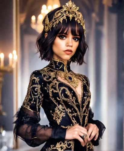 gothic fashion,felicity jones,miss circassian,victorian style,gothic portrait,queen of the night,great gatsby,cleopatra,royal lace,elegant,filigree,embellished,gothic style,the carnival of venice,victorian lady,gothic dress,black and gold,celtic queen,hallia venezia,regal