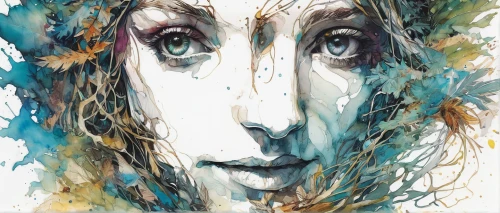 dryad,watercolor paint strokes,mystical portrait of a girl,watercolor women accessory,digital artwork,woman face,illustrator,girl in a long,digital art,woman's face,woman thinking,watercolor painting,watercolor paint,amano,woman of straw,face portrait,digital illustration,splintered,world digital painting,women's eyes,Illustration,Paper based,Paper Based 13