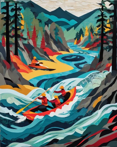 canoes,rapids,canoeing,mountain river,boat landscape,boat rapids,kayaker,flowing creek,river landscape,whitewater kayaking,wild water,kayaks,canoe,travel poster,rowboats,yukon territory,maligne river,rafting,fire in the mountains,cascades,Unique,Paper Cuts,Paper Cuts 07