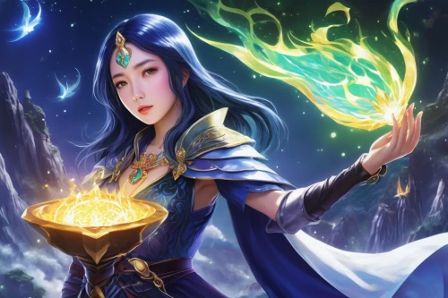 sorceress,blue enchantress,summoner,mage,magic grimoire,zodiac sign libra,sterntaler,the enchantress,libra,fantasy portrait,show off aurora,priestess,violet head elf,aurora,elven,fantasy art,fantasy picture,wizard,fantasy woman,caerula,Illustration,Japanese style,Japanese Style 20