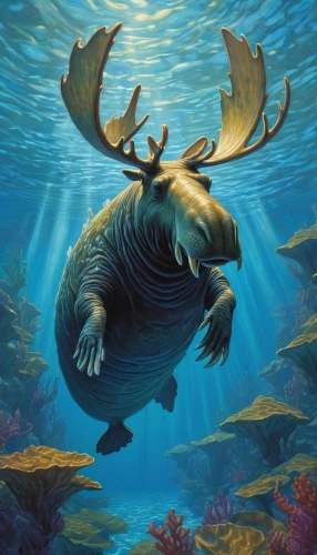 aquatic mammal,uintatherium,sea cows,mergus,sea animal,marine animal,rhino fish,underwater background,deep sea nautilus,god of the sea,underwater fish,coelacanth,nautilus,sea devil,sea lion,cynorhodon,bowhead,california sea lion,marine mammal,cuthulu,Illustration,Realistic Fantasy,Realistic Fantasy 03