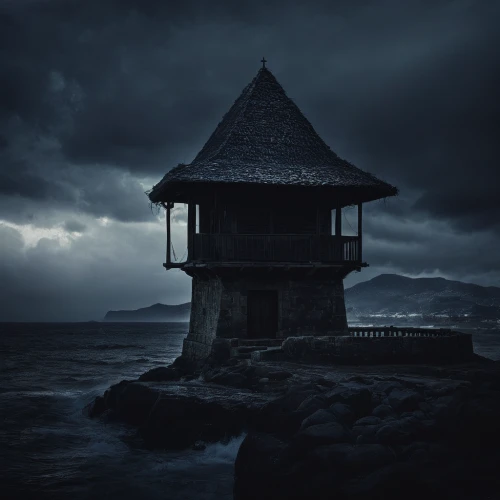 lifeguard tower,watchtower,black sea,dark beach,lookout tower,house of the sea,electric lighthouse,light house,lighthouse,stormy sea,dark gothic mood,petit minou lighthouse,sea storm,landscape photography,ghost castle,fisherman's hut,haunted castle,light station,sea shore temple,sea night,Photography,Documentary Photography,Documentary Photography 11