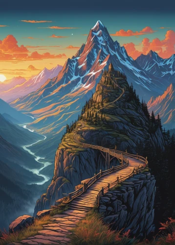 mountain landscape,mountain sunrise,mountain scene,alpine crossing,mountains,mountainous landscape,autumn mountains,alpine sunset,mountain,high mountains,mountain slope,mountain peak,mountain world,mountain road,mountain highway,high alps,mountain pass,mountainside,the landscape of the mountains,mountain range,Illustration,Realistic Fantasy,Realistic Fantasy 25