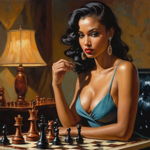 chess player,chess,play chess,chess game,african american woman,oil painting on canvas,black women,beautiful african american women,chessboard,poker set,oil painting,fantasy art,black woman,woman playing,chessboards,oil on canvas,femme fatale,jasmine crape,woman thinking,chess board,Conceptual Art,Fantasy,Fantasy 07