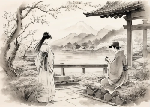 chinese art,oriental painting,romantic scene,korean culture,tea ceremony,japanese art,yi sun sin,korean history,ceremony,the golden pavilion,romantic portrait,courtship,hanbok,luo han guo,kimjongilia,yunnan,junshan yinzhen,wedding banquet,summer palace,ao dai,Illustration,Paper based,Paper Based 30