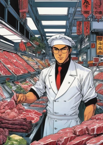 meat counter,meat analogue,butcher shop,meat products,meat kane,butchery,meats,raw meat,butcher,food processing,meat,meat cutter,grocer,yakiniku,prosciutto,galloway beef,red meat,warehouseman,bulgogi,sirloin,Illustration,Japanese style,Japanese Style 13