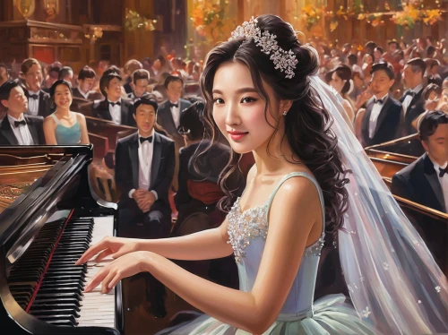 pianist,concerto for piano,piano player,piano,jazz pianist,serenade,musical background,play piano,silver wedding,romantic portrait,piano keyboard,piano lesson,woman playing,classical,composer,steinway,chopin,music fantasy,world digital painting,harpist,Illustration,Paper based,Paper Based 09
