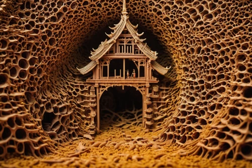 fairy house,insect house,wood carving,miniature house,mushroom landscape,mound-building termites,bee house,gingerbread house,mandelbulb,wooden construction,wood art,thatched cottage,fairy village,the gingerbread house,mud village,carved wood,wood skeleton,witch's house,crispy house,anthill,Illustration,Japanese style,Japanese Style 05