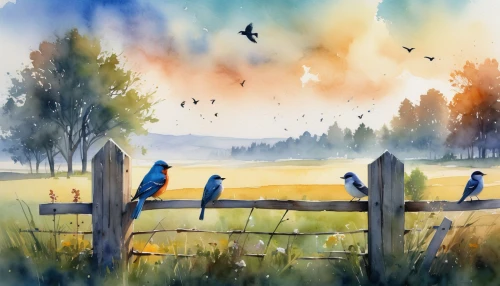 watercolor background,watercolor blue,western bluebird,bird painting,swallows,watercolor,songbirds,watercolor bird,meadow landscape,watercolor paint,watercolor painting,watercolour,eastern bluebird,fence posts,pasture fence,birds on a wire,birds singing,birdhouses,birds,finches,Photography,Artistic Photography,Artistic Photography 15