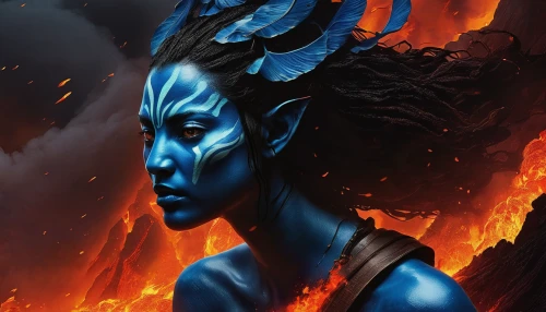 blue enchantress,avatar,dark elf,mystique,fire background,jaya,blue demon,shiva,sirens,firethorn,fantasy art,mean bluish,fantasy portrait,blue monster,symetra,elaeis,neottia nidus-avis,cg artwork,blu,dragon fire,Conceptual Art,Daily,Daily 14