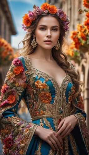 beautiful girl with flowers,splendor of flowers,girl in flowers,wreath of flowers,floral wreath,celtic woman,fiori,the carnival of venice,floral greeting,holding flowers,flora,rosella,elven flower,romantic portrait,floral design,fantasy portrait,colorful floral,fantasy art,merida,blooming wreath,Photography,General,Natural