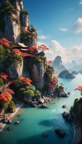 tigers nest,mushroom island,islands,cliffs ocean,archipelago,an island far away landscape,fantasy landscape,islet,coastline,floating islands,red cliff,coastal landscape,flying island,the island,the coast,lavezzi isles,emerald sea,cliffs,island suspended,island,Photography,General,Cinematic