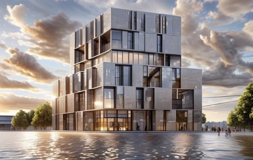 building honeycomb,metal cladding,cubic house,cube stilt houses,kirrarchitecture,modern architecture,autostadt wolfsburg,glass facade,eco-construction,appartment building,solar cell base,apartment block,3d rendering,apartment building,new housing development,modern building,barangaroo,mixed-use,futuristic architecture,residential tower