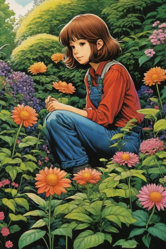 girl in flowers,girl picking flowers,clover meadow,girl in the garden,flower painting,blanket of flowers,blanket flowers,field of flowers,meadow clover,flower garden,studio ghibli,flower field,the garden marigold,girl lying on the grass,picking flowers,falling flowers,forest clover,sea of flowers,children's background,flower art,Conceptual Art,Daily,Daily 09