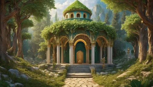 forest chapel,merida,druid grove,elven forest,fairy tale castle,house in the forest,fairy house,fantasy landscape,dandelion hall,hall of the fallen,mushroom landscape,fairytale castle,studio ghibli,mausoleum ruins,fantasy picture,place of pilgrimage,holy forest,fairy village,church painting,the threshold of the house,Illustration,Realistic Fantasy,Realistic Fantasy 43