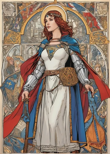 joan of arc,minerva,mucha,goddess of justice,the prophet mary,st george,david bates,art nouveau,almudena,wonderwoman,art nouveau design,merida,dove of peace,athena,archangel,mary-gold,lady justice,crusader,the angel with the veronica veil,figure of justice,Illustration,Realistic Fantasy,Realistic Fantasy 42