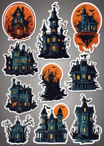 halloween silhouettes,houses clipart,houses silhouette,halloween icons,house silhouette,halloween ghosts,victorian,serial houses,witch's house,stickers,halloween illustration,halloween paper,halloween vector character,fairy tale icons,halloween wallpaper,halloween background,the haunted house,victorian house,halloween decor,haunted house,Unique,Design,Sticker