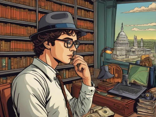 librarian,sci fiction illustration,bookworm,book illustration,vintage illustration,sherlock holmes,game illustration,reading glasses,scholar,holmes,sherlock,books,inspector,author,bookkeeper,bookshop,secretary,publish a book online,nerd,reading,Conceptual Art,Daily,Daily 23