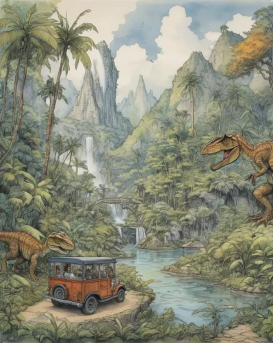 tropical animals,dinosaurs,primeval times,jurassic,maya civilization,robert duncanson,landmannahellir,dinosaruio,safari,forest animals,tropical jungle,karst landscape,prehistoric,wild animals crossing,prehistory,fantasy picture,dino,paleontology,game illustration,animal kingdom,Illustration,Paper based,Paper Based 29