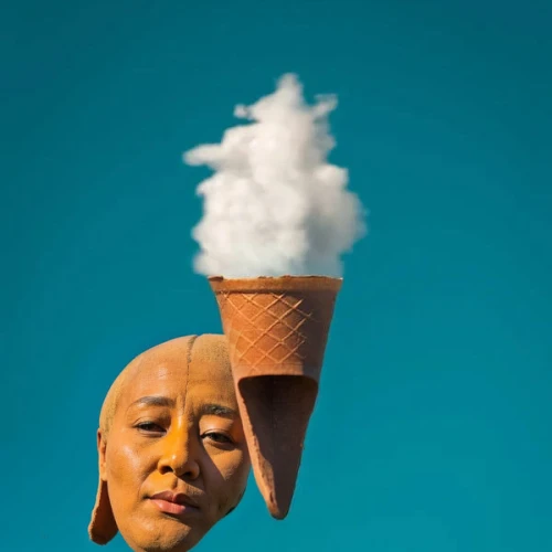 woman with ice-cream,conceptual photography,asian conical hat,tea zen,ice cream cone,ice cream on stick,tea cup fella,buddhist monk,breathing mask,asian teapot,conical hat,woman sculpture,smoke art,asian costume,pollution mask,indian monk,kokoshnik,chinese clouds,woman drinking coffee,surrealism
