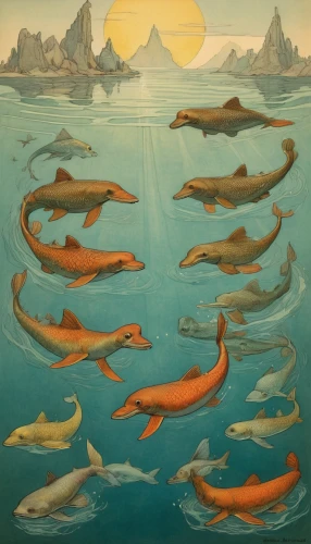 oceanic dolphins,common dolphins,aquatic animals,dolphins,sea mammals,school of fish,tetrapods,dolphins in water,cetacea,bottlenose dolphins,whales,marine reptile,sea animals,cetacean,fishes,oncorhynchus,dolphin school,dolphin-afalina,marine diversity,marine mammals,Illustration,Retro,Retro 19