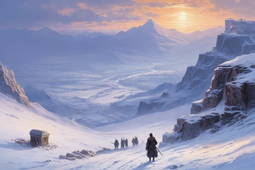 thermokarst,winter landscape,northrend,snow landscape,ice landscape,heroic fantasy,ice planet,fantasy landscape,guards of the canyon,snowy landscape,eternal snow,snow scene,snow mountains,ice castle,deep snow,winter background,mountain settlement,the cold season,arctic,alpine crossing,Art,Classical Oil Painting,Classical Oil Painting 13