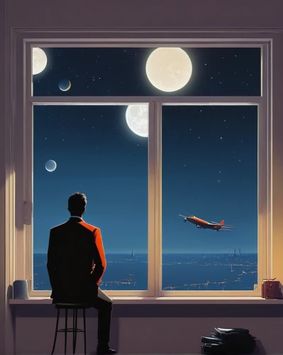 window seat,night scene,the moon and the stars,sci fiction illustration,the night sky,evening atmosphere,stargazing,honeymoon,astronomer,romantic night,aeroplane,airplanes,passengers,long distance,silhouette art,night sky,dreaming,stars and moon,moon and star,moon night,Conceptual Art,Sci-Fi,Sci-Fi 07