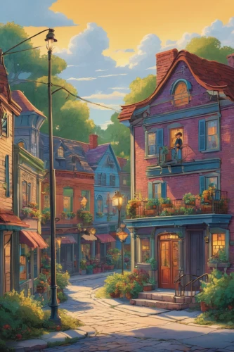 aurora village,wooden houses,summer evening,old town,studio ghibli,popeye village,neighborhood,spa town,resort town,neighbourhood,meteora,old city,townhouses,disneyland park,apartment house,small towns,alpine village,shanghai disney,beautiful buildings,street scene,Illustration,Children,Children 01