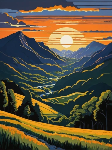 david bates,olle gill,alpine sunset,mountain scene,exmoor,mountain sunrise,mountain landscape,travel poster,salt meadow landscape,highlands,vail,cool woodblock images,mountainous landscape,lake district,rural landscape,autumn mountains,trossachs national park - dunblane,the landscape of the mountains,yorkshire,carol colman,Illustration,American Style,American Style 09