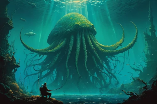 kraken,under sea,octopus,undersea,the bottom of the sea,nautilus,god of the sea,cuthulu,deep sea,calamari,cephalopod,bottom of the sea,deep sea nautilus,apiarium,under the sea,symbiotic,sea god,octopus vector graphic,cephalopods,tentacles,Conceptual Art,Sci-Fi,Sci-Fi 17