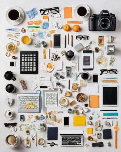 flat lay,blur office background,office supplies,clutter,office icons,organization,disassembled,abstract corporate,still life photography,school tools,flatlay,the living room of a photographer,objects,assemblage,office equipment,electronic waste,desk accessories,set of icons,desk top,components,Unique,Design,Knolling