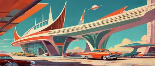 futuristic landscape,futuristic car,futuristic architecture,retro diner,atomic age,skyway,futuristic art museum,futuristic,gulf,transport hub,retro automobile,vanishing point,city highway,retro vehicle,sci fiction illustration,highway,tail fins,concept art,drive in restaurant,car dealership,Illustration,Retro,Retro 12