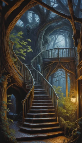 tree house,staircase,treehouse,stairway,winding staircase,fantasy picture,fantasy landscape,outside staircase,the threshold of the house,house in the forest,witch's house,enchanted forest,tree top path,the mystical path,stone stairway,winding steps,wooden path,myst,haunted forest,backgrounds,Illustration,Realistic Fantasy,Realistic Fantasy 03