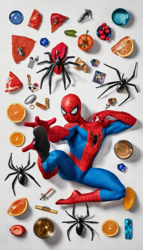 food icons,web icons,webbing,game pieces,collectibles,playmat,spider-man,royal icing,marvel figurine,marvel comics,spiderman,superhero background,children toys,children's toys,spider man,royal icing cookies,marvels,rock painting,toppings,glass items,Unique,Design,Knolling