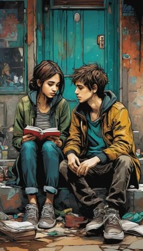 young couple,children studying,readers,boy and girl,sci fiction illustration,vintage boy and girl,girl and boy outdoor,youth book,little boy and girl,comic books,street artists,reading,books,comic book bubble,conversation,background image,teens,kids illustration,game illustration,comic book,Illustration,Realistic Fantasy,Realistic Fantasy 23
