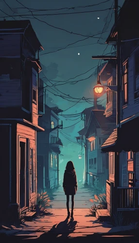 girl walking away,night scene,alley,alleyway,lonely house,evening atmosphere,city lights,houses silhouette,nighttime,stranger,neighbourhood,home or lost,stroll,wander,in the evening,at night,digital illustration,nowhere,neighborhood,to be alone,Illustration,Japanese style,Japanese Style 06