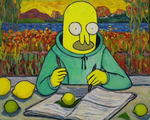 homer simpsons,homer,vincent van gough,man with a computer,pear cognition,bart,picasso,lemon background,self-portrait,art,thinking man,child with a book,popular art,lemons,post impressionism,flanders,post-it note,yellow background,self portrait,oil on canvas,Art,Artistic Painting,Artistic Painting 04