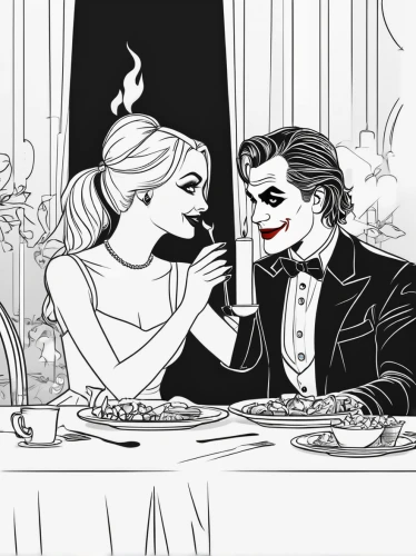 romantic dinner,wedding icons,roaring twenties couple,dinner for two,wedding banquet,dinner party,silver wedding,gatsby,exclusive banquet,wedding couple,mr and mrs,enjoy the meal,diner,dining,tickle my fancy,vintage illustration,masquerade,high tea,gentlemanly,fine dining restaurant,Illustration,Black and White,Black and White 04