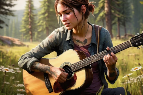 croft,woman playing,playing the guitar,guitar,musician,dulcimer,guitar player,ukulele,lara,banjo,music background,clementine,rosa ' amber cover,game illustration,serenade,stringed instrument,girl with a gun,concert guitar,acoustic guitar,lis,Conceptual Art,Oil color,Oil Color 09