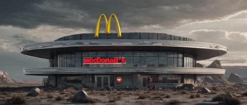 fast food restaurant,big mac,mecca,mcdonalds,drive in restaurant,area 51,mcdonald's,mcdonald,dystopian,fast-food,fastfood,taco mouse,a restaurant,futuristic,futuristic landscape,em 2020,post apocalyptic,post-apocalyptic landscape,fast food,ufo,Conceptual Art,Fantasy,Fantasy 33