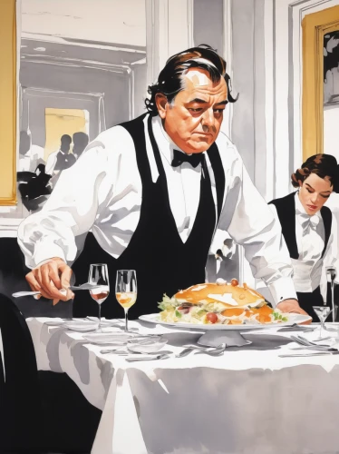waiter,enrico caruso,cuisine classique,bistrot,entrecote,fine dining restaurant,the dining board,viennese cuisine,concierge,clue and white,dining,placemat,oliver hardy,diner,new york restaurant,breakfast at tiffany's,breakfast on board of the iron,godfather,hospitality,waiting staff,Art,Artistic Painting,Artistic Painting 24