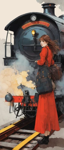 the girl at the station,steam train,hogwarts express,asuka langley soryu,red heart on railway,darjeeling,red poppy on railway,red coat,last train,train ride,ghost locomotive,steam special train,steam locomotives,train,steam locomotive,the train,studio ghibli,departure,vintage illustration,conductor,Illustration,Paper based,Paper Based 19