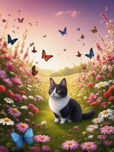 butterfly background,flower cat,flower background,chasing butterflies,blue butterfly background,springtime background,blossom kitten,spring background,flower animal,magpie cat,floral background,cat sparrow,cat image,butterfly day,fantasy picture,children's background,sea of flowers,splendor of flowers,flower nectar,spring leaf background,Illustration,Abstract Fantasy,Abstract Fantasy 22