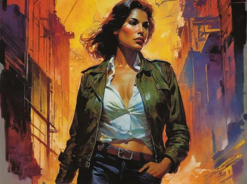 femme fatale,rosa ' amber cover,sci fiction illustration,italian poster,cyberpunk,croft,girl with a gun,renegade,bolero jacket,female doctor,girl with gun,terminator,smoking girl,pedestrian,aviator,spy,lara,jacket,woman holding gun,infiltrator,Illustration,Paper based,Paper Based 12