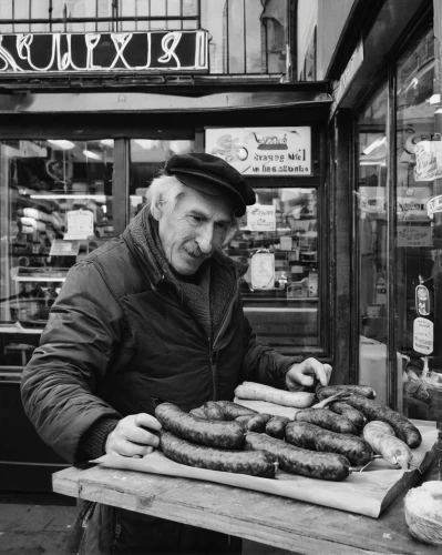vendor,saucisson de lyon,greengrocer,thames trader,vendors,fishmonger,market stall,thuringian sausage,shopkeeper,bockwurst,sausages,pork-pie hat,boudin,pipe smoking,boerewors,knackwurst,to collect chestnuts,man with saxophone,peddler,cevapcici,Photography,Black and white photography,Black and White Photography 03
