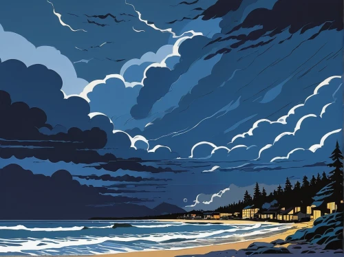 tofino,sea night,stormy clouds,travel poster,beach landscape,stormy sky,coast line,the coast,coast sunset,storm clouds,stormy sea,coastal landscape,dark blue sky,blue sky clouds,sky clouds,night sky,dark beach,blue painting,beach scenery,moonlit night,Illustration,American Style,American Style 09